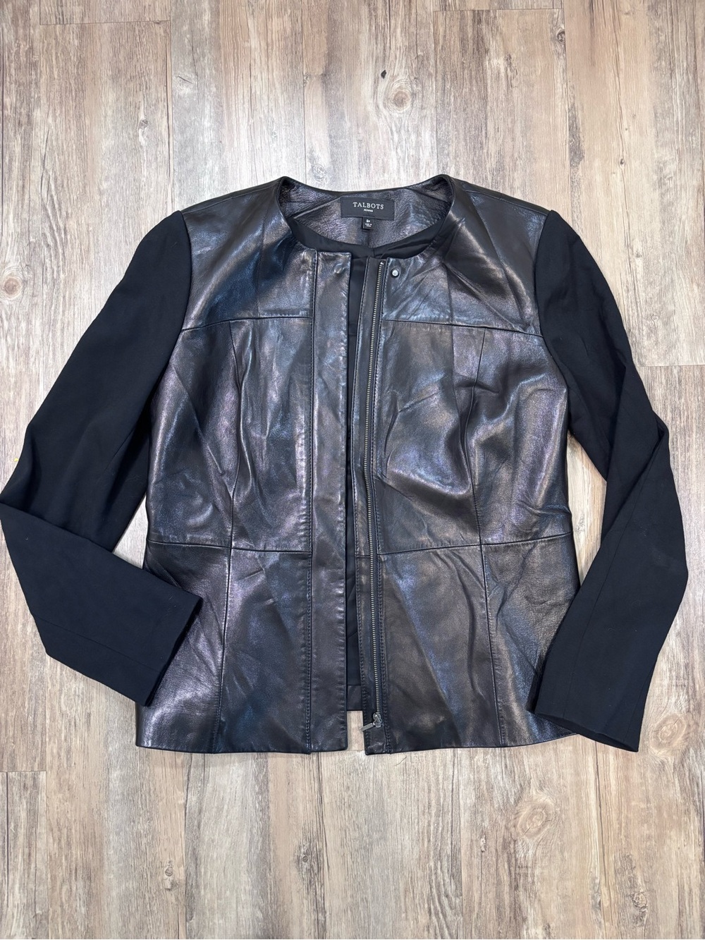 Talbots Black Lamb Skin Front Mixed-Media Jacket